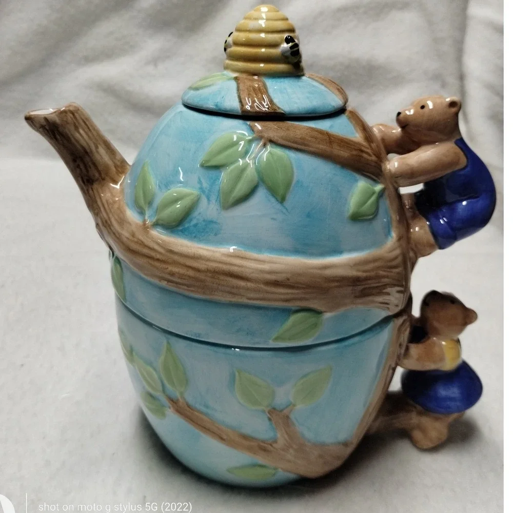 Vintage Bear Treehouse Teapot Teacup Set‎ Ceramic Blue Woodland Cottage